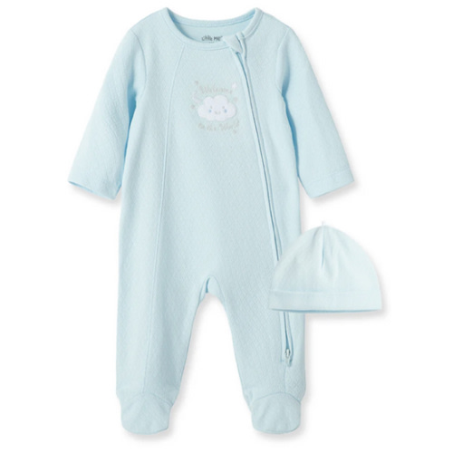 New Blue Welcome to the World Zip Front Footed One-Piece & Hat