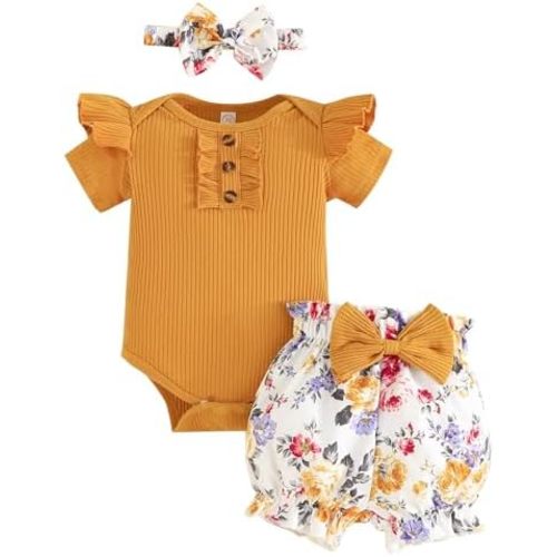 Baby Girl Clothes Newborn Infant Outfit Ruffle Romper and Short Pants Clothing Sets for Summer Spring