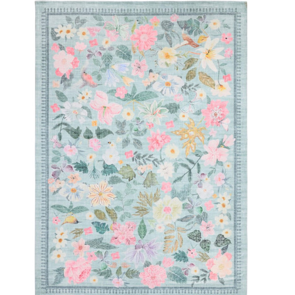 Floral Performance Washable Rug - aqua blue