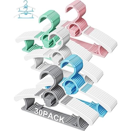 30 Pack Kids Hangers for Nursery Closet, Adjustable Non-Slip Toddler Baby Hangers with Windproof Buckle, 11-14" Infant Child Plastic Clothes Pant Hanger for Boys Girls Newborn Adult, White