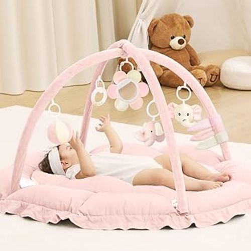 ANGELBLISS 5 in 1 Baby Play Gym Mat, Reversible Tummy Time Mat with 5 Sensory Toys for Stage-Based Developmental, Thick & Large Baby Activity Center from Newborn to Toddler (Pink)