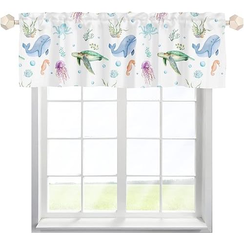 Cute Sea Animals Kitchen Valances 54''x18'' Ocean Turtle Whale Jellyfish Sea Horse Weeds Rod Pocket Short Curtain Nautical Life Window Decor Panels for Kid Nursery Bedroom Bathroom Living Room 1 Pack