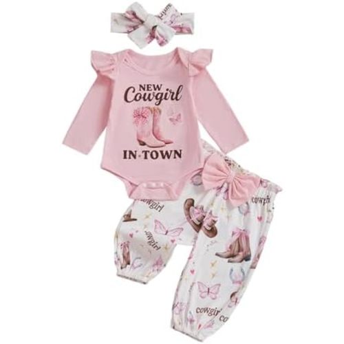 Ayalinggo Newborn Baby Girl Cowboy Outfits Letter Long Sleeve Romper Cowgirl Boots Print Pants Cute Infant Western Clothes