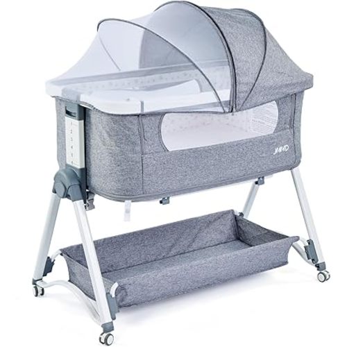 JMMD Baby Bassinet Bedside Sleeper, 3 in 1 Baby Bassinet with Removable Mosquito Net Height Adjustable Side Sleeper Foldable and Portable Bed Side Sleeper for Baby (Grey)