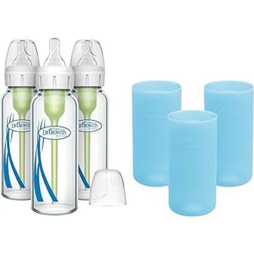 Dr. Brown's Natural Flow Anti-Colic Options+ Narrow Glass Baby Bottles 8 oz/250 mL, with Level 1 Slow Flow Nipple, 3 Pack 0m+ with Blue 100% Silicone Sleeves, BPA-Free