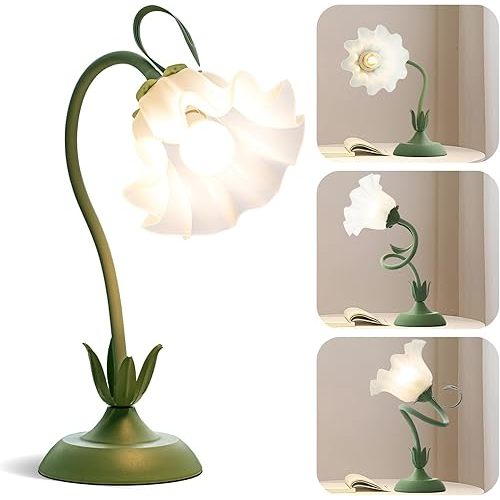 Vintage Flower Table Lamp,‎ LED Reading Lamp Cute Flower Bedside Night Light 3 Color Modes Gooseneck Desk Lamp for Living Room Office Reading Home Decoration (Green)