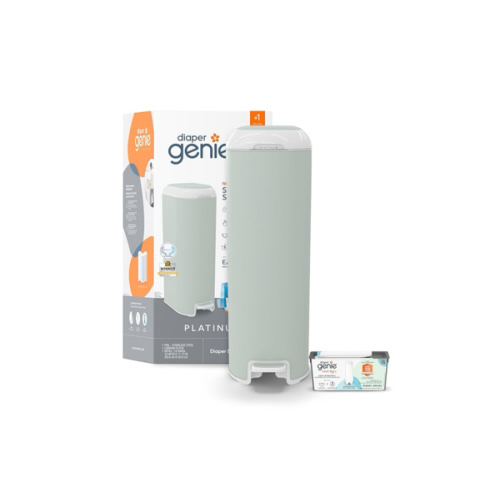 Diaper Genie Platinum Pail (Sage Green) is Made in Durable Stainless Steel and Includes 1 Easy Roll Refill with 18 Bags That can Last up to 5 Months.