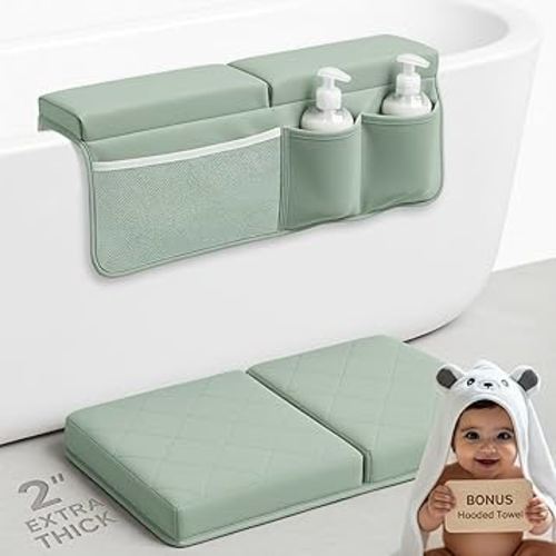 Bornealand® 2" Extra Thick Baby Bath Kneeler and Elbow Rest Pad Set + Hooded Towel - Embroidered Kneeling Pad for Bathing Baby - Dual-Layer Memory Foam Bathtub Kneeler and Elbow Rest Set