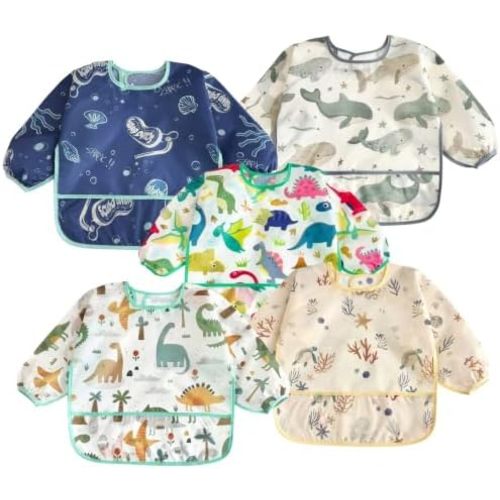 PandaEar 5 Pack Baby Long Sleeve Bibs| Waterproof Full Sleeve Bib for Baby Infant Toddler 6-36 Months