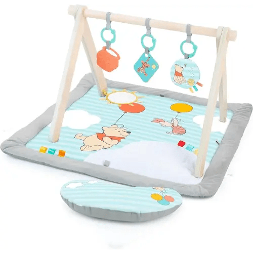 Bright Starts Disney Winnie The Pooh Once Upon a Tummy Time Baby Play Mat with Wooden Toy Bar, Tummy Time Mat and Play Gym, Sensory Toys, Blue, Newborn