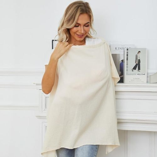 PPOGOO Muslin Nursing Cover for Baby Breastfeeding, Breathable Privacy Nursing Covers for Mom 100% Cotton Breastfeeding Cover with Rigid Hoop for Mother Nursing Apron (Beige) - BRZ-Beige