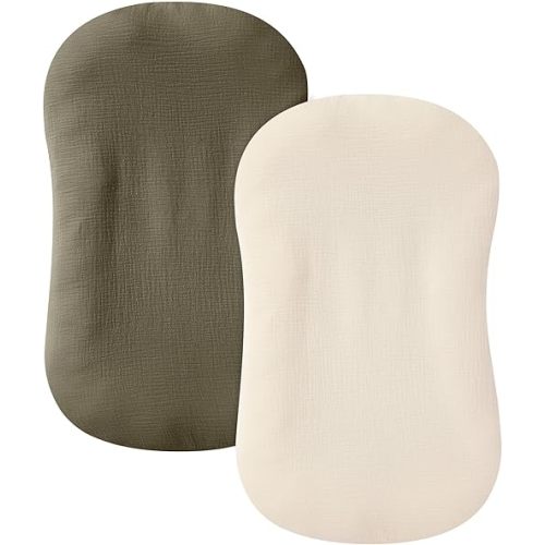 Muslin Baby Lounger Cover 2 Pack, 100% Cotton Infant Lounger Cover, Soft & Breathable Replacement Slipcover, Compatible with Snuggle Me Newborn Lounger (Dark Olive,Cream)