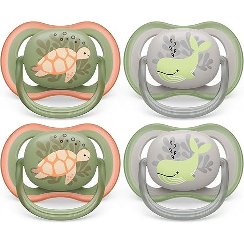 Philips Avent Ultra Air Pacifier 6-18m, Orange Turtle/Green Whale, 4 pack SCF085/53