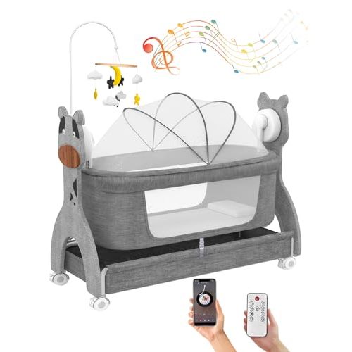 Electirc Baby Bassinet, Rocking Baby Crib with Locking Wheels, Baby Bassinets Bed Sleeper for Newborn with Remote Connection,Portable Baby Cradle for Infant with 3-Speed Swing and Timer,Bluetooth