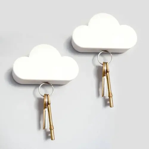 2 Pack Adhesive Key Hanger Organizer Magnetic Key Holders White Cloud Key Ring Keychains Hooks Racks 4 Strong Magnets Decorative Wall Mount Holder Fridge Magnets Wall Door Entryway Kitchen