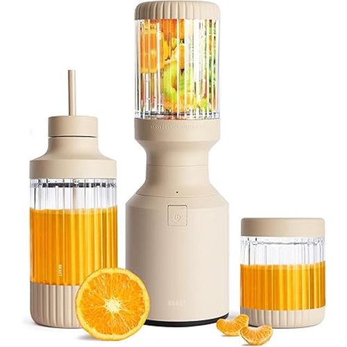 The Beast Mini Blender Plus | Mini Countertop Kitchen Blender | Blend Smoothies and Shakes, Dressings, Sauces, Dips | Extra Vessels, Straw Cap and Straws Included | 600W (Sand)