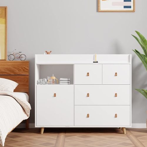 Baby Changing Table Dresser with Drawers, 45 Inch Hidden Trash Storage, Nursery Dresser with Changing Station,Storage Dresser Chest for Infant, White