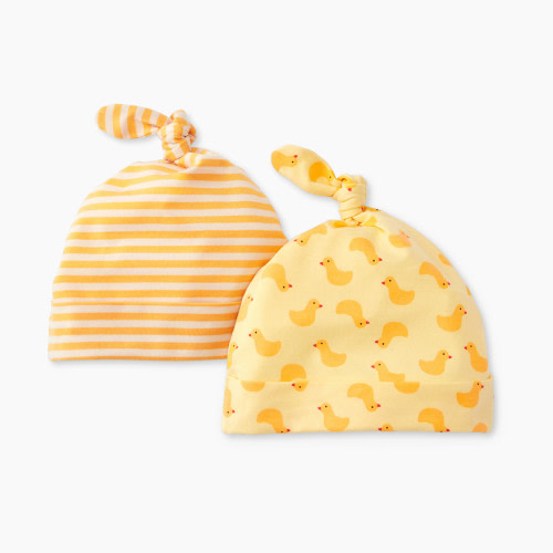 Hanna Andersson 2-Pack Baby Layette Top Knot Beanie in HannaSoft™ - Pepper The Duck On Limoncello, Newborn