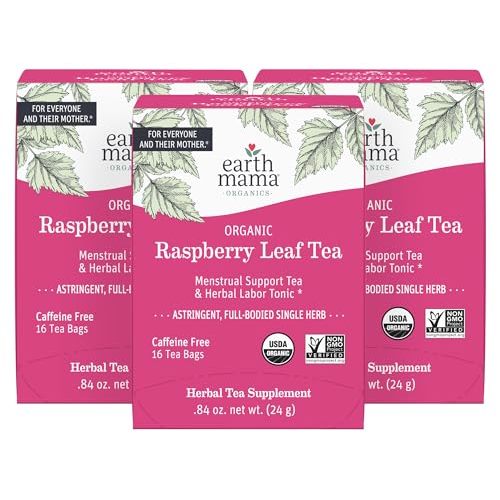 Earth Mama Organic Raspberry Leaf Tea Bags | Labor Tonic & Menstrual Support Herbal Tea for Pregnancy & Postpartum Care Recovery, Caffeine Free, Non-GMO (16 Teabags, 3-PK)