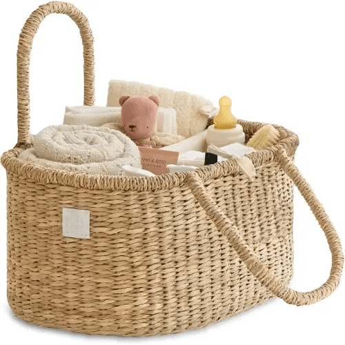 BEBE BASK Premium Baby Diaper Caddy Organizer - Artisan-Made Seagrass Basket With Cotton Divider - Award-Winning & Luxury Diaper Caddy Basket (ROSA)