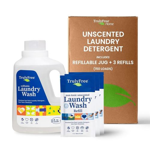 Laundry Wash Detergent for Sensitive Skin, Gentle & Safe for Baby Clothes | Plant-Based, Natural Ingredients | Unscented | Include 1 Refillable Bottle (150 Loads)