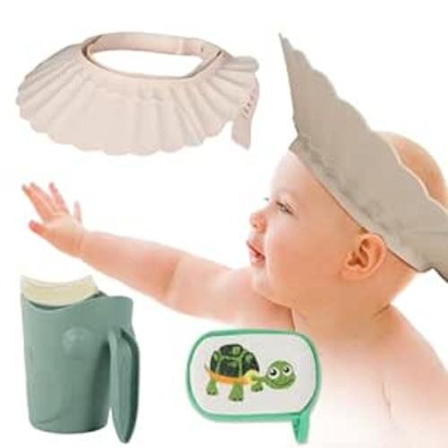 Baby Shower Cap with Rinse Cup and Bath Sponge - All-in-One Bathing Essentials for Gentle and Fun Baby Baths - White Shower Cap & Geen Rinse Cup & Turtle Bath Sponge - White Shower Cap & Geen Cup & Turtle Bath Sponge