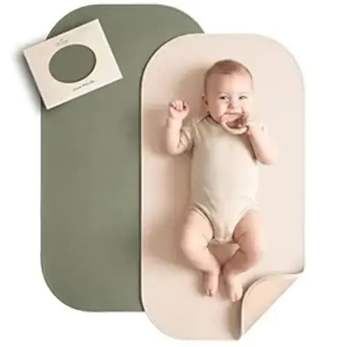 Konssy Faux Leather Baby Changing Mat, Waterproof, Wipeable & Portable Diaper Changing Pad for Travel or Home, Fits Perfectly in Diaper Bag, 30 x 17 inches (Fog Green,Beige)