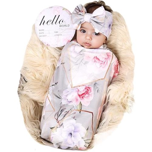 Galabloomer Receiving Blanket Headband Set Flower Print Baby Swaddle