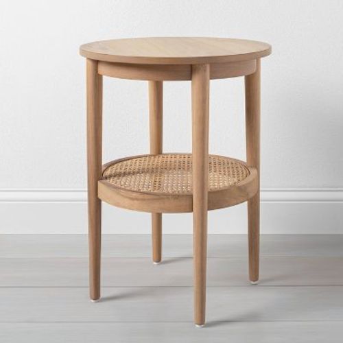Wood & Cane Round Accent Side Table - Natural: Hearth & Hand™ With Magnolia, Fixed Shelf, Tapered Legs