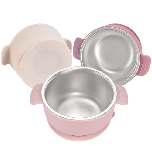 Bella’s Friends Stainless Steel and Silicone Baby Bowls with Suction 3 Pack, 4.3” for Toddlers Kids Feeding, Non-Slip, Non-Toxic, Mess-Free, Dishwasher Safe, Fit High Chair Size, light pink beige pink