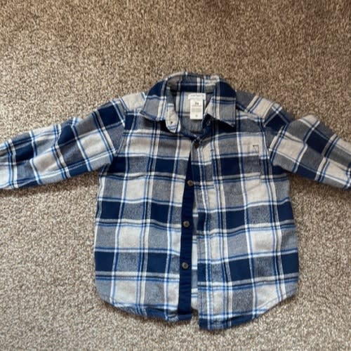 Blue and gray button up flannel shirt