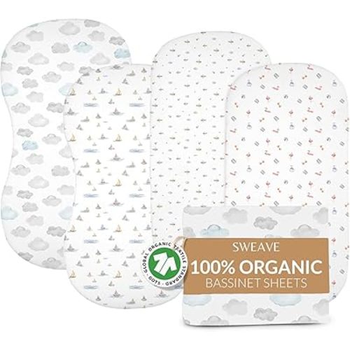 100% Organic Cotton Bassinet Sheets (4 Pack) - Ideal for Uppababy Bassinet Mattress - GOTS Certified - for Standard Oval & Rectangular Mattress - Percale Weave Sheets Soften with Each Wash (33"x15")