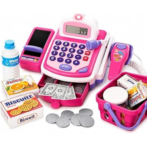 Prextex Grocery Store Pretend Play Electronic Toy Cash Register Set - STEM Cash Register for Kids with Microphone, Play Money, and Food Basket - Kids Checkout Toys with Scanner- Pink