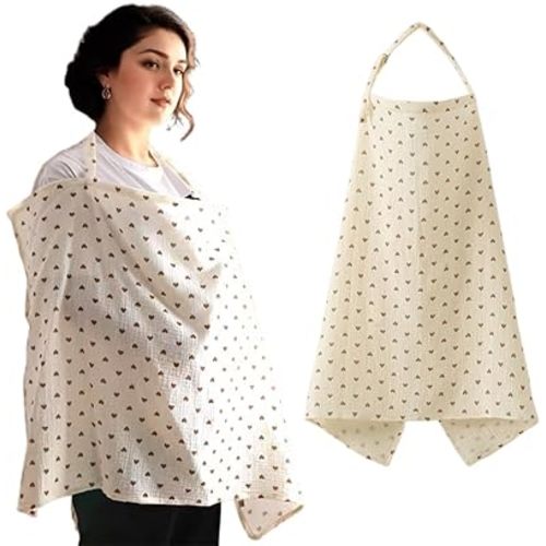 Muslin Nursing Cover for Breastfeeding, Soft&Breathable Cotton Breastfeeding Cover for Women,Privacy Nursing Covers with Arch Neckline Adjustable Hoop for Mother Nursing Apron
