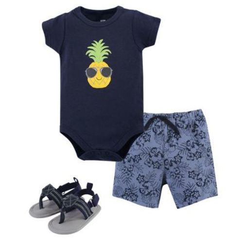 Hudson Baby Infant Boy Cotton Bodysuit, Shorts And Shoe 3pc Set, Pineapple, 0-3 Months