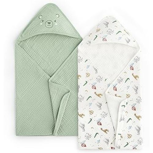 david's kids 2 Pack Hooded Baby Towels, Large 32"x32", 6 Layer 100% Muslin Cotton Highly Absorbent Boy Girl Bath Towel for Newborn, Infant, Toddler, Ultra Soft and Breathable Baby Essentials, Animals