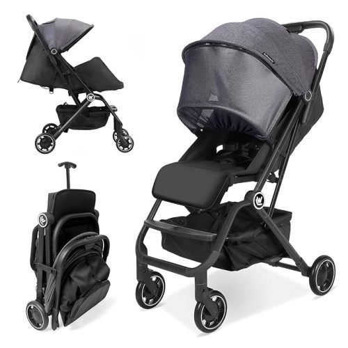 Rollingsurfer Lightweight Baby Stroller, Compact Travel Stroller with Retractable Foot Cover & Sleep Shade, One Hand Fold Stroller, Toddler Pushchair Adjustable Seat for Airplane 0-36 Months