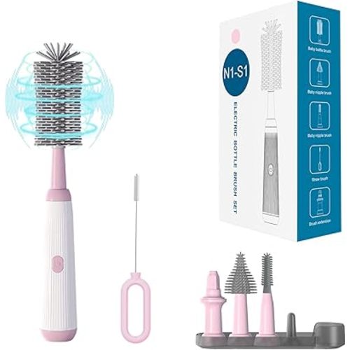 Electric Baby Bottle Brush Cleaner with Extended Handle & Drying Holder, Baby Bottle Brush Set with Silicone Bottle/Nipple/Crevice/Brush,Straw Cleaner,Lifesaver Automatic Bottle Cleaner,Pink