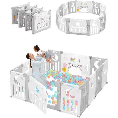 Dripex Baby Playpen, Foldable Playpen for Babies and Toddlers, Adjustable Shape Baby Fence, Safety Play Yard with Gate, Portable Play Area for Indoor or Outdoor (Grey+White,14 Panel)