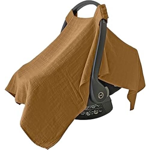 100% Organic Muslin Car Seat Covers for Infant Car Seat Canopy Baby Car Seat Cover Unisex (Caramel Toffee)