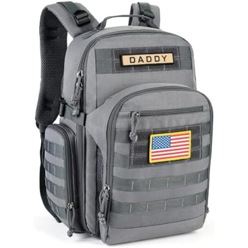 SHARKMOUTH Dad Diaper Bag Backpack - Military Baby Gear Backpacks with Daddy Patches Gray