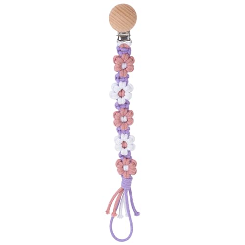 Symbolife Pacifier Clip for Boys Girls Floral Daisy Macrame Baby Paci Clip Pacifier Holder Leash Boho Wooden Clips Handmade Braided Cotton Binky Clips (1pack:Lavender Style)
