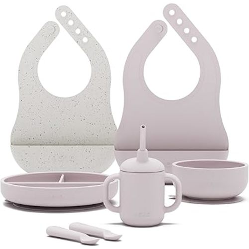 Lalo First Bites Silicone Baby Feeding Set - Baby Led Weaning Supplies - Non-Toxic Silicone - Includes 2 Bibs, 2 Spoons, Training Cup, Suction Plate and Bowl - 6 Pieces - Lavender