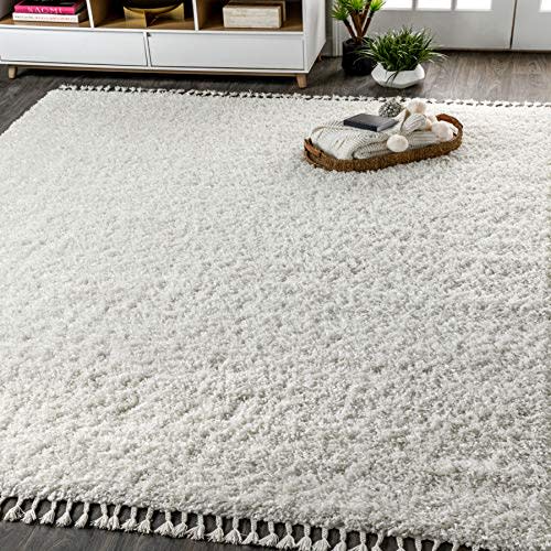 JONATHAN Y MCR100A-8 Mercer Shag Plush Tassel Indoor Area-Rug Bohemian Modern Contemporary Solid Easy-Cleaning Bedroom Kitchen Living Room, 8 X 10, White with Tassel