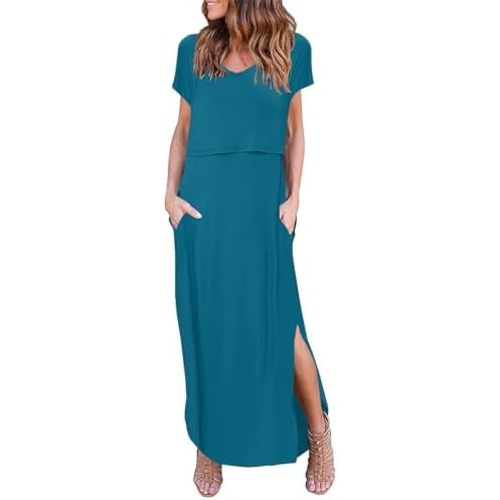 Ekouaer Women's Nursing Dress Summer V Neck Short Sleeve Maternity Split Long Dresses for Breastfeeding with Pockets S-XXL