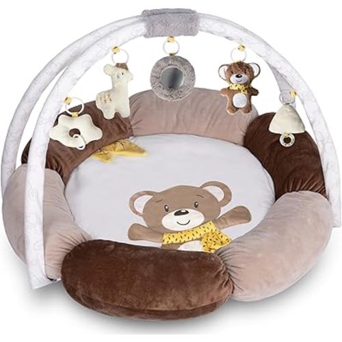 6-in-1 Baby Gym Play Mat Plush, Neutral Brown Tummy Time Mat with Removable Toys, Baby Activity Gym for Infant to Toddler Motor Skills and Sensory Development, Baby Essential Gift(Bear)