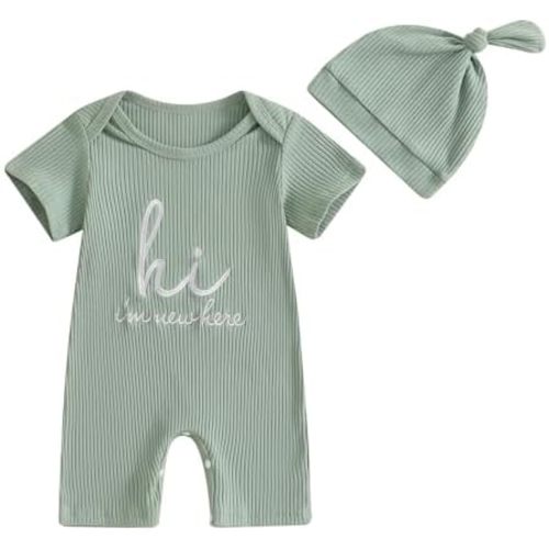 Newborn Baby Boy Girl Outfits Gender Neutral Baby Clothes Hi I'm New Here Coming Home Summer One Piece Rompers