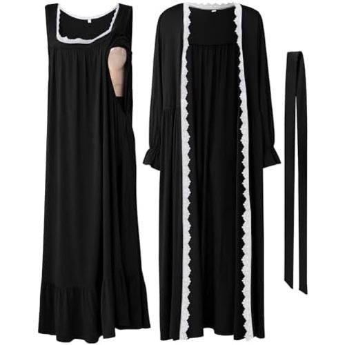 2 Pcs Lace Maternity Nursing Nightgown and Robe Set for Women Nursing Pajamas Gown Breastfeeding Pjs for Hospital