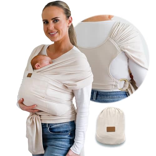 Stylish Beige & Gold Baby Carrier Wrap: Comfortable, Soft & Supportive, Adjustable Ring Sling for Mom & Dad, Ideal for Baby Registry, Newborn to Toddler, Baby Shower