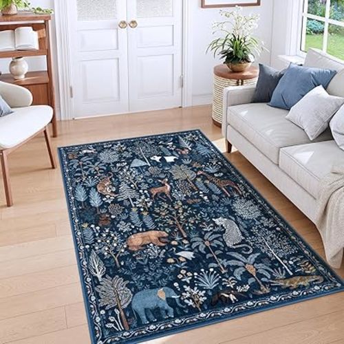 OJIA Jungle Print Blue 5x7 Rugs for Living Room, Soft Ultra-Thin Washable Area Rugs for Bedroom Non-Slip Modern Entryway Rug Non Shedding Indoor Carpet Kids Rugs for Playroom Nursery Classroom